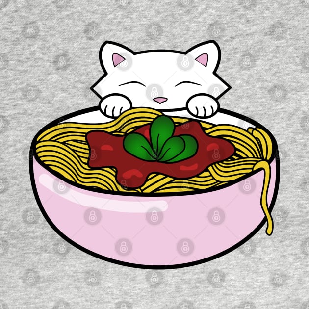 Hungry cat eating bowl of pasta by Purrfect